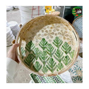 Woven Rattan Serving <b>Tray</b> Mixed with Mother of Pearl Mosaic Natural <b>Tray</b>, Round Wicker <b>Tray</b> <b>for</b> <b>Coffee</b> <b>Table</b> <b>Decor</b> - Product Image 6