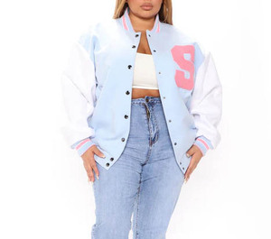 Vestes universitaires pour femmes OEM avec manches en cuir brodé en polyester et laine, veste de baseball boutonnée, veste d'hiver - Product Image 6