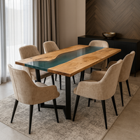 Table à manger en bois massif avec résine époxy |   Table pliante en résine turquoise avec bord naturel |   Meubles Artisanaux de Luxe Industriels avec Pieds en Métal