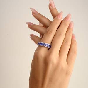 Elegante 100% auténtico 14K oro blanco sólido joyería fina alta calidad tanzanita corte diamante media banda anillo para bodas fiestas - Product Image 2