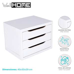 WELL HOME Cassettiera in Legno Bianco con 3 Cassetti 40x30x29cm - Product Image 2