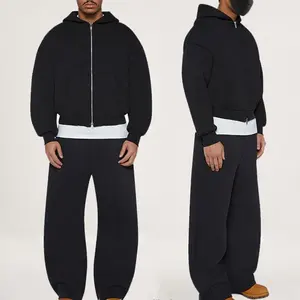 Ensemble de survêtement noir uni vintage, pantalon de survêtement et sweat-shirt, survêtement brodé délavé, ensembles deux pièces - Product Image 1