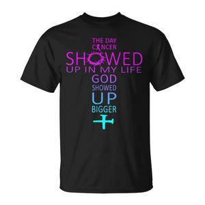 Camiseta con diseño promocional de God Showed up Bigger Than Cancer para superar los desafíos de la vida - Product Image 1
