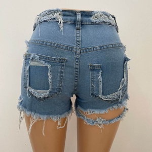 Logo personnalisé Sexy déchiré ourlet brut Jean short pour femme taille haute Short en jean personnalisé Denim pour femme taille haute lavé court - Product Image 3