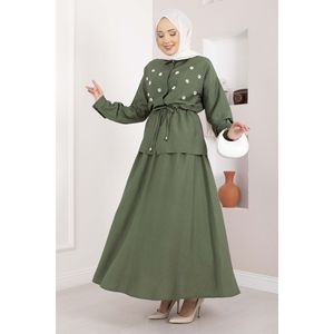Conjunto Casual de 2 Piezas en Crepé Caqui con Falda con Cintura Adornada con Piedras y Top Corto para Primavera/Verano/Invierno - Product Image 3