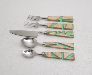 Juego de Cubiertos de Madera Natural con Mango de Acero Inoxidable Plateado, Apto para Lavavajillas, Duradero, con Acabado de Espejo, para Bodas - Product Image 2