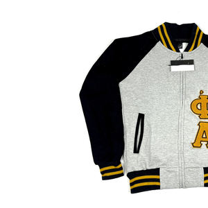 Chaqueta Universitaria de Felpa Alpha Phi Alpha Gris Claro al por Mayor, Letras de Chenilla, Ribete Dorado y Negro - Product Image 3