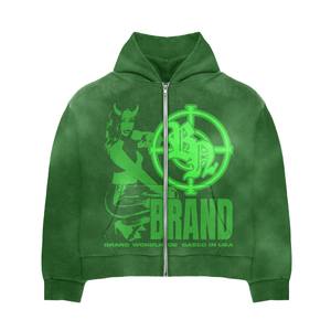 Ensemble deux pièces personnalisé délavé à l'acide sweat à capuche zippé vintage vert jambe droite pantalon de survêtement évasé imprimé survêtement de jogging hiver - Product Image 5