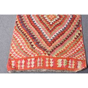 Tapis en laine Kilim vert orange 2.8x8 pieds tapis de salon à tissage plat turc motif de couloir rectangle en peluche avec support en latex - Product Image 4