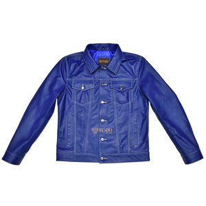 Chaqueta Bomber de Cuero Genuino con Revestimiento de Mezclilla Estilo Western Vintage Azul Rey para Hombre, Chaqueta Clásica de Motociclista Informal para Invierno - Product Image 1
