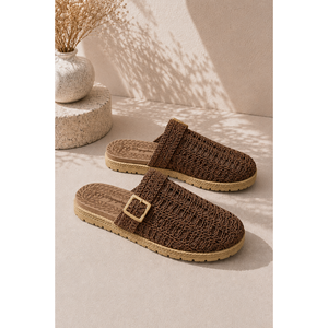 Brown Knitted <b>Slippers</b> with Buckle Detail Closed Toe Breathable Feature - Product Image 1