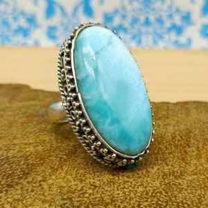 100% bijoux en argent véritable belle forme ovale bleue bague en pierres précieuses Larimar pour femmes bagues fines pour mariage - Product Image 2
