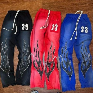 Pantalones de chándal acampanados de cintura con cordón pesado de felpa francesa lavados con ácido para cortar y coser diamantes de imitación personalizados - Product Image 2