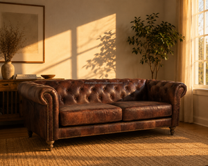 Canapé Chesterfield 3 places en cuir véritable, best-seller, capitonné de luxe avec accoudoirs roulés, design traditionnel, mobilier de villa - Product Image 1