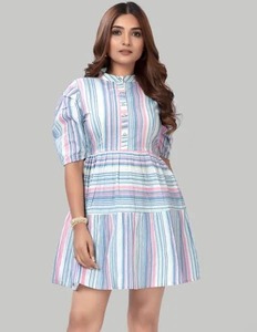 ชุดเดรสสั้นพิมพ์ลายบล็อกทำจากผ้าฝ้ายอินเดียชุดปาร์ตี้ของผู้หญิงชุดกระโปรงยาวระดับเอวทำจากธรรมชาติของขวัญเจ้าสาวส่วนตัว - Product Image 1