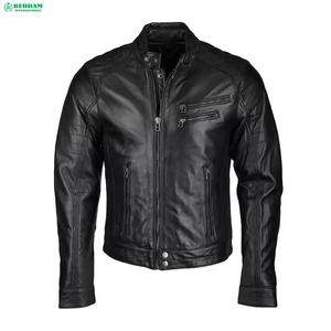 BEHRAM INTERNATIONAL Men's Genuine <b>Leather</b> Moto <b>Jacket</b> Stand Collar Zipper Closure Slim Fit Autumn Style <b>Brown</b> Color - Product Image 6