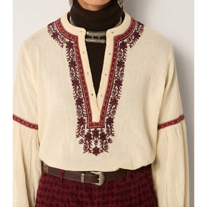 Blusa para Mujer BRUNA, Modelo Vineyard Bordeaux, con Bordado Decorativo, Estampado Floral, Cuello Asimétrico, Corte Holgado, 100% Lino - Disponible en Talla XL - Product Image 1