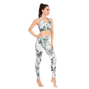 Ensemble de yoga 2 pièces pour femmes Leggings taille haute soutien-gorge de sport imprimé feuille tropicale côtelé Fitness Gym vêtements de course ensembles de yoga - Product Image 3
