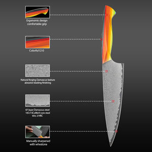 Vente en gros de couteau de chef personnalisé de qualité supérieure OEM ODM avec poignée colorée et couteau de chef professionnel en acier Damas - Product Image 3