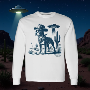 T-Shirt a Maniche Lunghe Boston Terrier Alien Dog, Design Personalizzato Cowboy Dog Mom Dad per Amanti dei Cani, Magliette Promozionali - Product Image 3