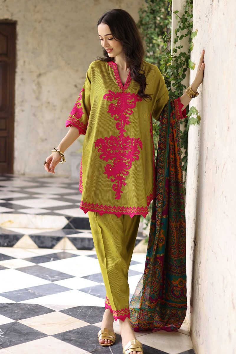 chinese dress ladies Grace W305- Embroidered 3pc linen dress with Embroidered chiffon dupat