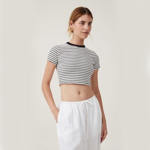Las últimas mujeres impresas rayas Slim Fit Crop Top mujeres cuello redondo manga corta recortada camisetas marca Crop Tops - Product Image 4