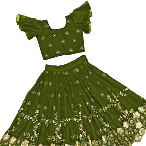 Ensemble de lehenga choli pour enfants de luxe Shoryam Fashion Mehendi vert, longueur au sol, coupe régulière, bordure florale à sequins, fête, festival - Product Image 1