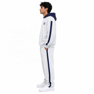 Oversized Color block <b>Zip</b> <b>Hooded</b> Sweatshirts Tracksuit Heavyweight Drop Shoulder Wide leg Joggers and Crop Hoodies set Wholesale - Product Image 4