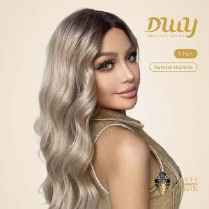 Teresa-DWY Long Wavy Synthetic <b>Wig</b> Transparent Lace Front T-Part Rooted <b>Brown</b> Blonde with Lace Front - Product Image 2