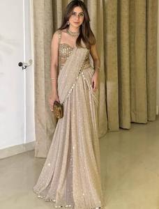 Sari de Bollywood de poliéster de primera calidad, tipo georgette sintética, listo para usar, con lentejuelas de espejo auténticas y blusa a juego, largo hasta el suelo, para fiesta. - Product Image 2