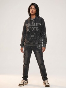 Custom <b>Sun</b> Fade Oversized Hoodie Top Quality Premium Rhine Stone Street Style 100% Cotton Fabric Zipper Hoodie For Unisex - Product Image 6