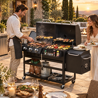 Barbecue extérieur double combustible gaz et charbon avec fumoir, four à pizza, grille en fonte, chariot et structure en acier moderne pour patio et jardin