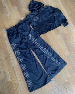 Rhinestone Printed Acid Wash Cotton Heavyweight Winter Streetwear Flare Tracksuit Custom Graphic Zip Hoodie Wide Leg Sweatpants - Product Image 1