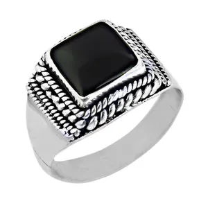 Unique Black Onyx Gemstone Ring 925 Sterling Silver Ring Customized Natural Gemstone Adjustable Bezel Cushion Cut