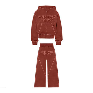 Diseño personalizado Zip up Rhinestone Chándales Ropa deportiva de alta calidad Unisex Chándales 2 piezas Jogger Sets ácido lavado Boxy Fit - Product Image 5