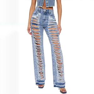 Jeans skinny bleu à taille haute pour femmes, avec découpes, extensible, tendance, déchiré, coupe slim, pantalon en denim pour un look décontracté et streetwear - Product Image 4
