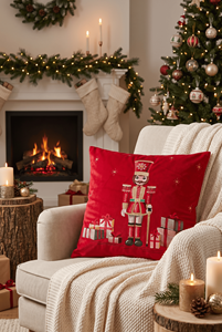 Dreaming Home Christmas Velvet Embroidered Nutcracker <b>Throw</b> Pillow <b>Red</b> Square Luxury Washable Polyester Filling - Product Image 3