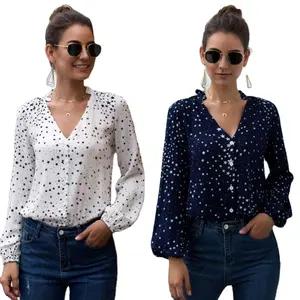 Sexy V-neck Mulheres Primavera Blusa Elegante Estrela Imprimir Manga Longa Botões Feminino Top Camisas Casual Office Wear Lady Blusas