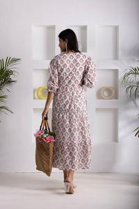Vestido de algodón cómodo para mujer durante todo el año con estampado de bloque de mano estilo Mexi con cuello en V para uso diario y fiestas WCD13 - Product Image 3