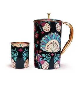 Copper Printed Jug Set Washable Leak Free 100% Pure Food Safe Capacity Custom Designing Water Pitcher and Matching Glass