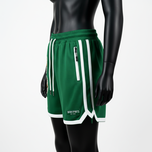 Shorts de basket-ball pour femmes de qualité supérieure, en polyester mesh vert, avec poches zippées et logo brodé. - Product Image 3