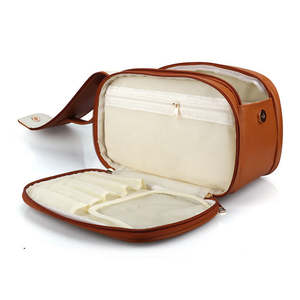 Pochette de maquillage personnalisée élégante en cuir véritable marron pour femmes avec fermeture éclair écologique pour les voyages et la beauté - Product Image 5