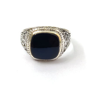 Men's Black Onyx <b>Ring</b> with <b>Garnet</b> and Agate Gemstones 5.7 Grams Gold Plated for Everyday Wear and Wedding Number Pattern - Product Image 1