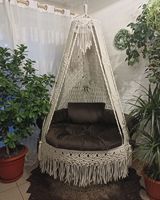Fauteuil suspendu en macramé en coton relaxant, forme ronde, design moderne, couleur naturelle, pour l'intérieur et l'extérieur, idéal pour le Nouvel An