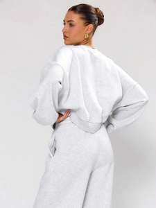 Ensemble deux pièces décontracté pour femme, pull à capuche, coupe régulière, polyester et élasthanne, haut court uni - Product Image 6