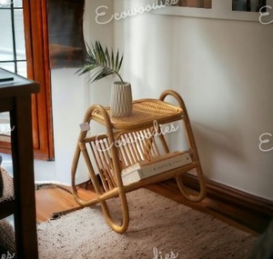 Mesita de noche de ratán ecológica bellamente elaborada, estante de almacenamiento de doble nivel de bambú, consola con incrustaciones de hueso para aplicación en dormitorio - Product Image 5