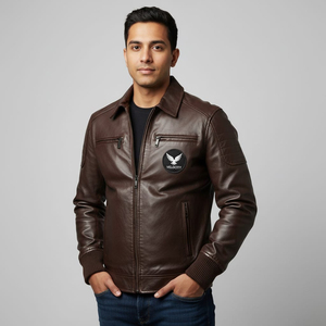 Premium Coated Canvas <b>Leather</b> Bomber <b>Jacket</b> with Stand Collar Classic Zip-Up Design & Contrast Sleeves-Winter Ready - Product Image 4