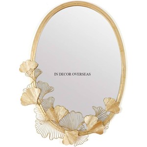 Miroir mural décoratif pour la maison de forme ovale encadré de concepteur de feuilles de gingko plaqué or de haute qualité en métal robuste à un prix impressionnant - Product Image 1