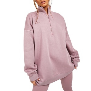 Fabricante de lana de algodón de peso pesado media cremallera en blanco mujeres sudaderas de gran tamaño sólido Stand Collar mujeres cremallera sudaderas - Product Image 1