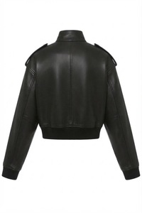Chaqueta de Cuero Genuino para Mujer, Estilo Y2K, Cuello Alto, Cierre de Cremallera, Chaqueta Moto con Bolsillos, Ropa Urbana Personalizada - Product Image 2